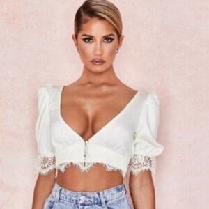 HOUSE OF CB 'Leona' Ivory Satin and Lace Blouse S Small $112